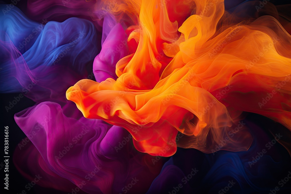Poster multicolored smokes swirling against a black background creating a vibrant display of colors. genera