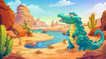  Animals in the African desert with waterholes, mountains, river, sand, and cactuses. Modern cartoon illustration. © Mark