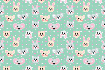 Seamless pattern with kawaii cute happy sweet face, head of bunny, cat, mouse and koala face with hearts for children, kids, baby isolated on aquamarine, turquoise background	