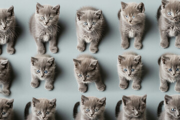 Adorable group of fluffy gray kittens with striking blue eyes sitting in a row on a neutral grey background