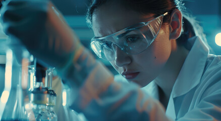 A beautiful female scientist works in a lab with a team of scientists, holding a test tube and pouring liquid into a cell culture tank for advanced research and development.