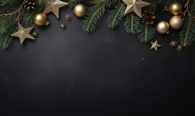 A Christmas flat lay background with various gold tree decorations 