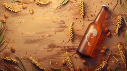 The glass bottle of wheat beer is flat laid on an engraving-style background with elements of wheat ears and hops - obrazy, fototapety, plakaty