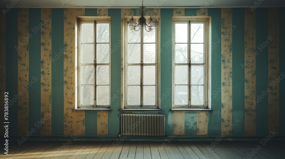 Aufkleber an empty room featuring three windows and a radiator against a wall background. generative ai