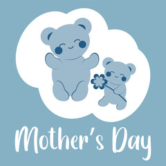 Cute blue teddy bear in kawaii style gives mom a flower. Minimalistic card with an inscription. Mother's Day concept.