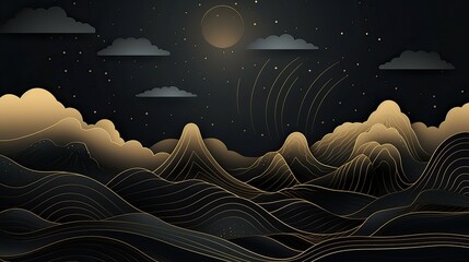 Dark, golden clouds drift across the night sky over a majestic mountain range, illuminated by the twinkling stars. Generative AI