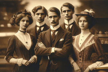 The portrait of young men and women in elegant attire in the style of late 19th-century photography