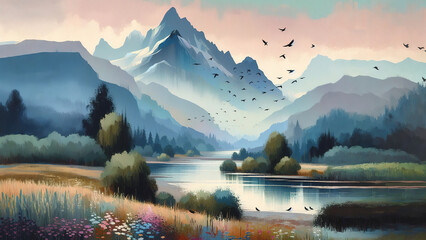 A picturesque landscape with trees and flowers by the river against the backdrop of mountains in computer graphics style - obrazy, fototapety, plakaty