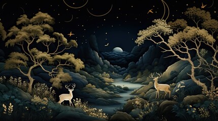 A painting showcasing two deer in a dark forest at night, surrounded by trees and under the moonlight. Generative AI