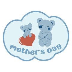 Cute blue teddy bear in kawaii style gives mom a heart. Minimalistic card with an inscription. Sticker. Mother's Day concept.