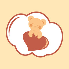 Cute teddy bear in kawaii style holding a heart. Minimalistic postcard. Sticker. Concept of love, family, Mother's Day.