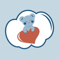 Cute blue bear in kawaii style holding a heart. Minimalistic postcard. Sticker. Concept of love, family, Mother's Day.