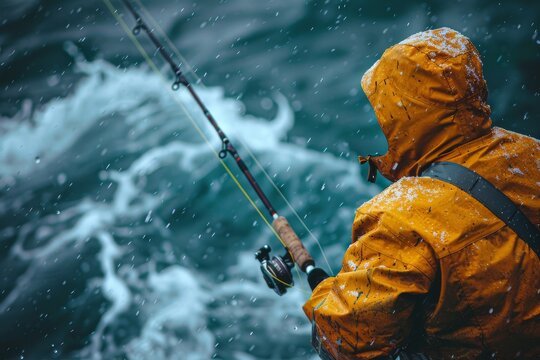 An intense image of an angler clad in yellow, defying the rough, spray-filled waters as he stands with a fishing rod