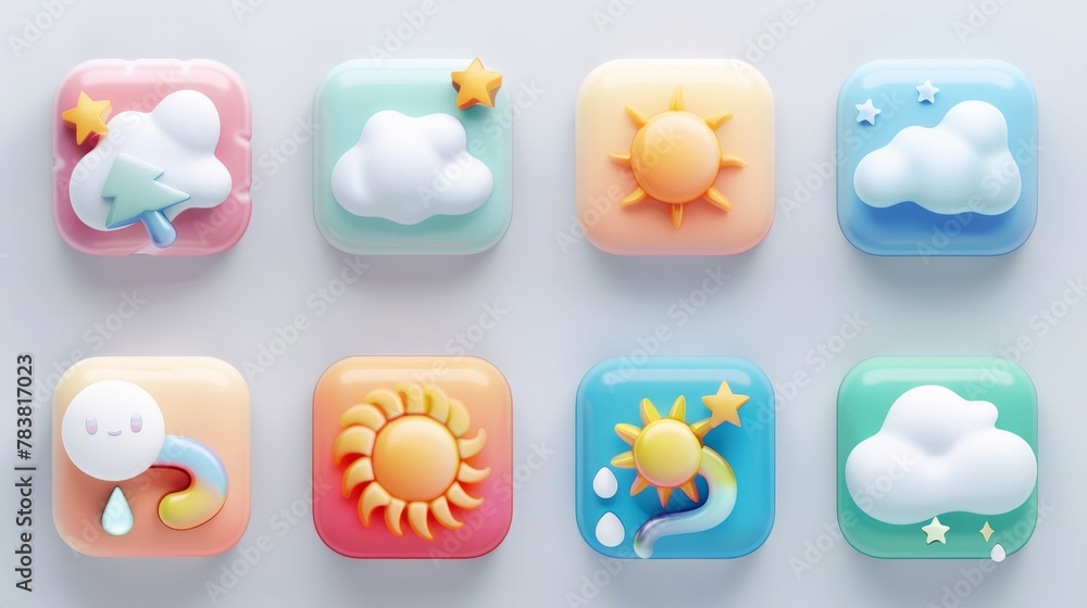 Poster weather icon set in 3d render. isolated set of weather icons. web or mobile app interface concepts. 