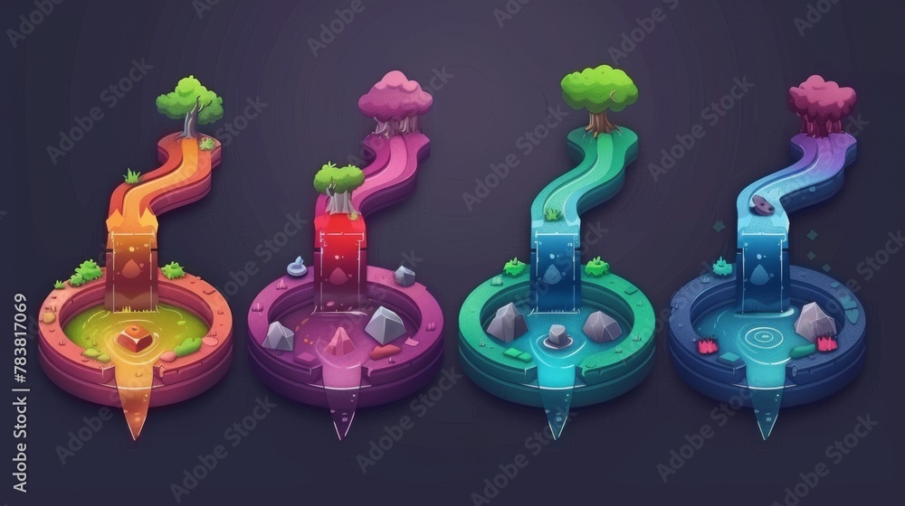 Poster business process flow chart with four stages represented by four round elements in the horizontal ro