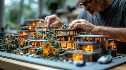 The sculptor is creating a model of a city with modern buildings surrounded by greenery.