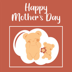 Cute teddy bear in kawaii style with mom. Minimalistic card with an inscription. Sticker. Concept of love, family, Mother's Day.