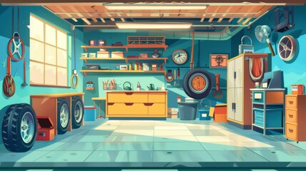 Auto repair shop interior. Cartoon illustration of a garage with car tires, tools, household equipment, oil cans, shelves, and boxes. A private building for a vehicle with furniture.