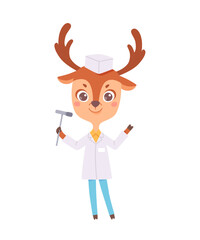 Cartoon animal doctor vector illustration isolated on white. Funny cute smiling deer character with medical hammer. Fun health design for school, kindergarten, kids, pediatric clinics and hospitals