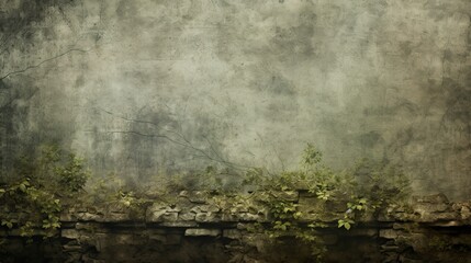 A detailed painting depicting an old stone wall covered with lush vines growing on its textured surface. Generative AI