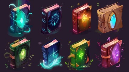 Set of magic spell books, fantasy alchemy grimoires, closed and open wizard diaries, ancient witchcraft books with esoteric recipes and enchantments, Cartoon moderns.