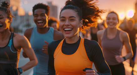 A smiling group of friends running outdoors in front of a city background, wearing athletic wear and black shoes in the golden hour lighting - obrazy, fototapety, plakaty