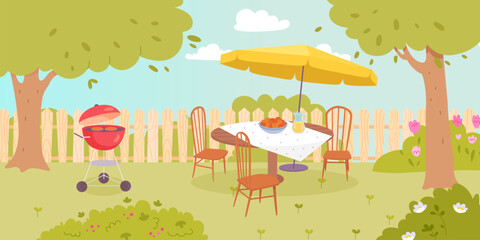 BBQ garden party on backyard in summer with grill, table, chairs, umbrella. Landscape of house patio with fence, lawn, green grass, trees, flowers. Picnic in nature. Holiday, vacation. Cartoon vector