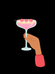 Woman hand with glass of pink margarita vector illustration isolated on black background. Female holds goblet with alcohol cocktail with fruits. People celebrating with toasts and cheering. Party