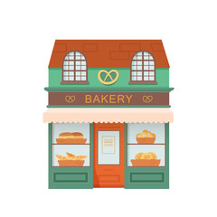 Bakery shop facade front view cartoon vector illustration. Storefront of pastry store on street. Bakeshop exterior with bread, buns, freshly baked pastry. Small business in city. Urban infrastructure