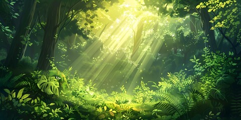 Lush Green Forest Bathed in Warm Sunlight Serene and Tranquil Woodland Landscape with Glowing Rays Filtering Through the Verdant Canopy