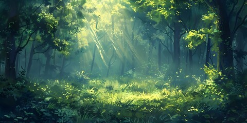 Lush Green Forest Bathed in Warm Sunlight and Ethereal Atmosphere - obrazy, fototapety, plakaty