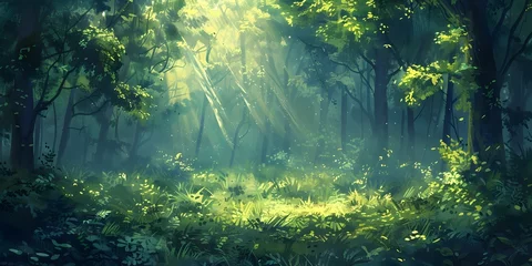 Fotobehang Lush Green Forest Bathed in Warm Sunlight and Ethereal Atmosphere © Thares2020