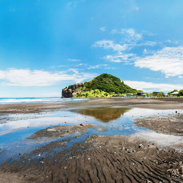 ‭Beach‬ at low tide with a view on muriwai village
