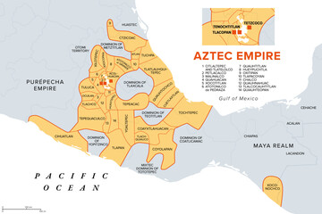 Aztec Empire with tributary provinces, maximum extent of Triple Alliance, history map. Tenochtitlan, Tetzcoco and Tlacopan at the time of Spanish conquest, 1519. With today state and country borders.