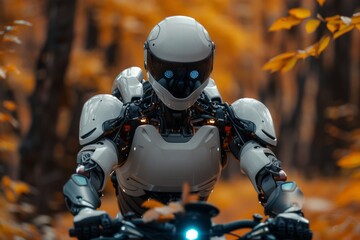 The image captures the intense gaze of a humanoid robot on a bike against the warm tones of fall foliage