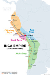 Inca Empire, map with Suyus, and main roads on coast and mountain side. The four regional quarters of Tawantinsuyu, named Chinchay, Anti, Kunti and Qulla Suyu, meeting at the center and capital Cusco.