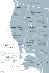 West Coast of the United States, with Alaska and Hawaii, political map. Also known as Pacific Coast and Western Seaboard, the coastline along which the Western United States meets the Pacific Ocean. - 783817632