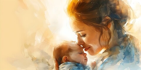 Tender Moments of Maternal Embrace A Mother s Loving Connection with Her Newborn Cradled in a Softly Lit Hand Drawn - obrazy, fototapety, plakaty
