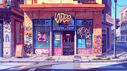 Graffiti on wall and large window at the front of a modern cafe facade. Modern cartoon illustration of neighborhood exteriors, shops, hotels, and a crossing between streets.