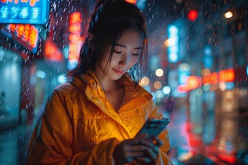 Obraz premium A person in a vibrant yellow jacket is standing under neon lights on a rainy night, looking intently at their phone, possibly texting or reading