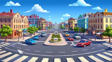 Fototapeten Cars on city street intersection. Tropical summer cityscape with houses, museums, markets, and vehicles. Modern cartoon illustration of summer cityscape with street traffic. © Mark