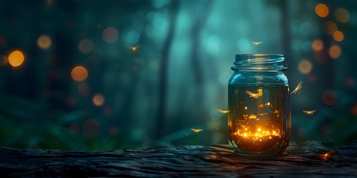 Ethereal Bioluminescent Fireflies in a Jar Against a Moody Forest Gradient