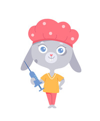 Cartoon animal doctor vector illustration isolated on white. Funny cute smiling rabbit character with syringe. Fun design for school, kindergarten, pediatric clinics hospitals. Health and vaccination