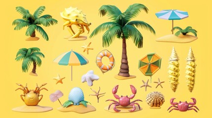 A set of realistic beach elements including palm trees, crabs, parasols and other items on a yellow background.