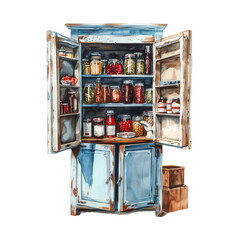 Сupboard buffet with homemade canned food and jam, vintage kitchen, shelves with jars, clipart illustration on a transparent background
