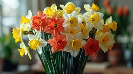   A tight shot of a vase filled with multicolored daffodils against a window background