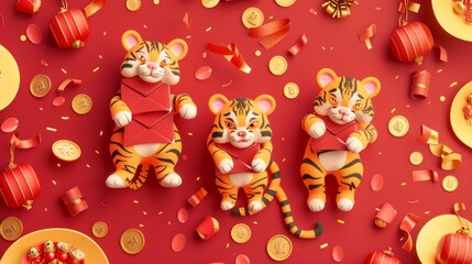 Naklejka premium Little tigers making their home in the red envelopes, with gold ingots and coins scattered. Wishing you a prosperous new year.