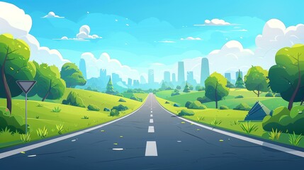 Road, city in the distance, trees and clouds in the sky, summer landscape with empty highway, green fields, road sign and town buildings, modern illustration.
