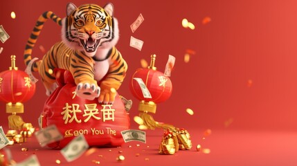 Greetings for the new year in Chinese on left and blessings written on lucky bag. 3D rendering of tiger jumping out of bag full of money in the year of the Tiger 2022.
