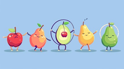 A cute fruit character exercise modern illustration. Happy food fitness icon set. Three isolated comic poses of apples, plums, cherries, and avocado pears with hula hoops.